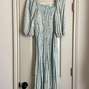 Ivy City Co Mint Floral Midi Dress with Puff Sleeves